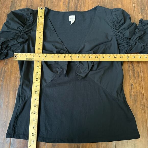 LA VIE REBECCA TAYLOR Poplin Blouse Black Ruched Sleeve V-Neck Bow - Picture 11 of 12